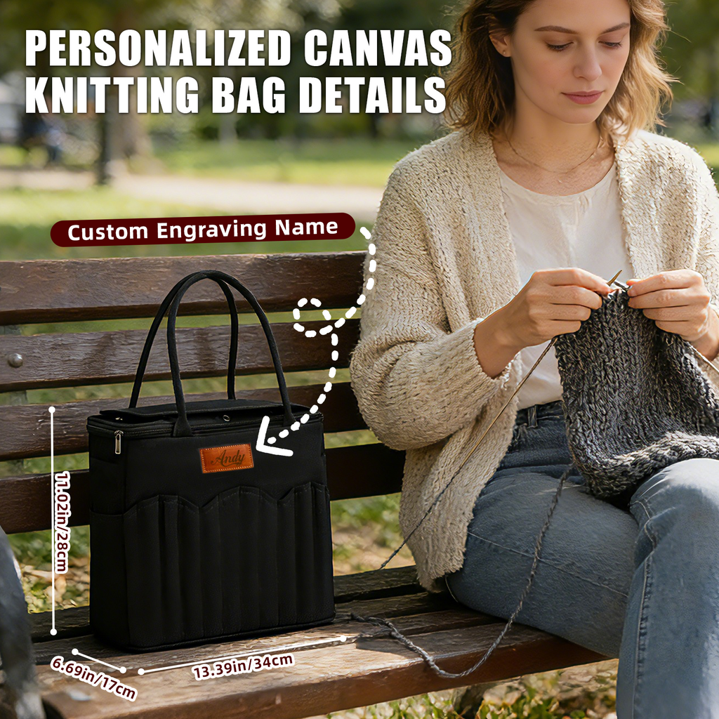 Personalized Knitting Bag with Name Leather Patch Canvas Yarn Bag Yarn Holder for Crochet Lovers Pottery Tool Bag Art Supply Storage Student Artist Gift Mother's Day Gift Birthday Gifts