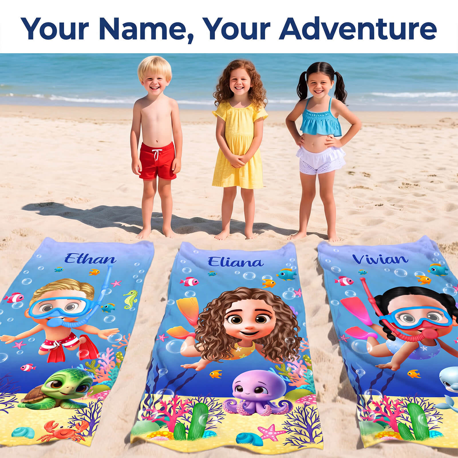 Personalized Kids Beach Towel Cute 3D Diver Kid Diving Boy Cartoon Print Towel Custom Name Quick Dry Microfiber Fabric for Summer Vacation Beach Party Birthday Gifts for Kids Boys Girls
