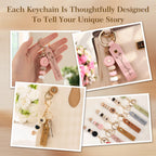 Personalized Birth Flower PU Leather Keychain Custom Name Keyring Daisy Beaded Keychain for Women Bridesmaid Gifts Birthday Anniversary Wedding Mother's Day Gifts Bag Charm Party Favor
