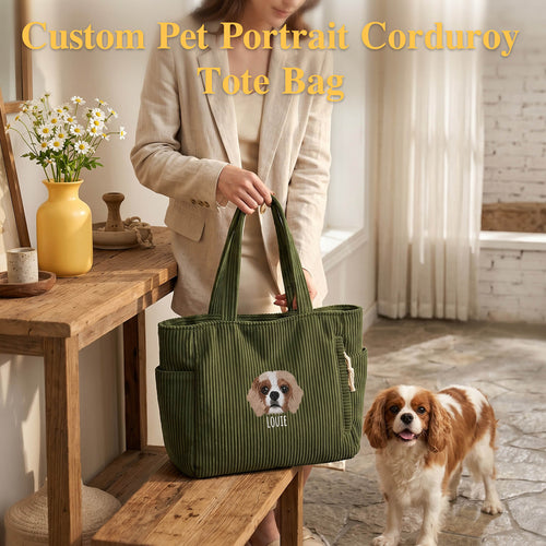 Personalized Embroidered Pet Face Tote Bag Custom Corduroy Tote Bag Cat Portrait Shoulder Bag Travel Accessories Pet Memorial Gift Gifts for Pet Owners Dog Mom Cat Mom Family Friends