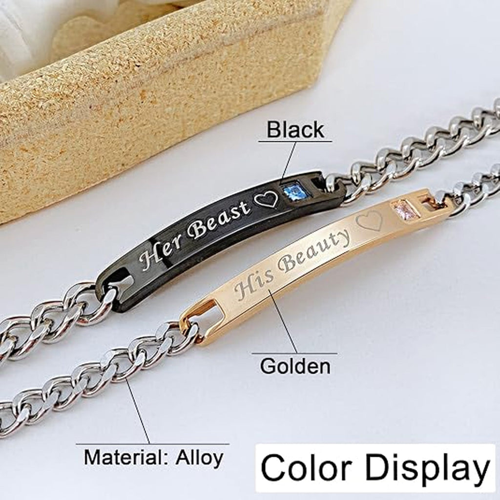 Personalized Matching Bracelets for Couple Engraving Name/Text 2 PCS Set Customized Metal Bracelet for Lover Custom Name Dainty Charm Bracelet for Men Women Valentines Gift for Her Him Jewelry Set