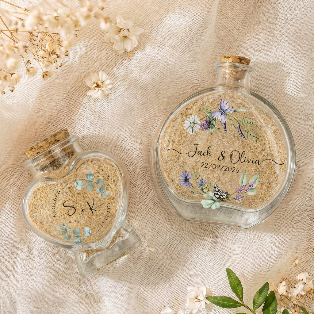Personalized Glass Honeymoon Memory Keepsake Sand Jar with Name and Date Wedding Vacation Gift for Couples Bride Groom Newlyweds