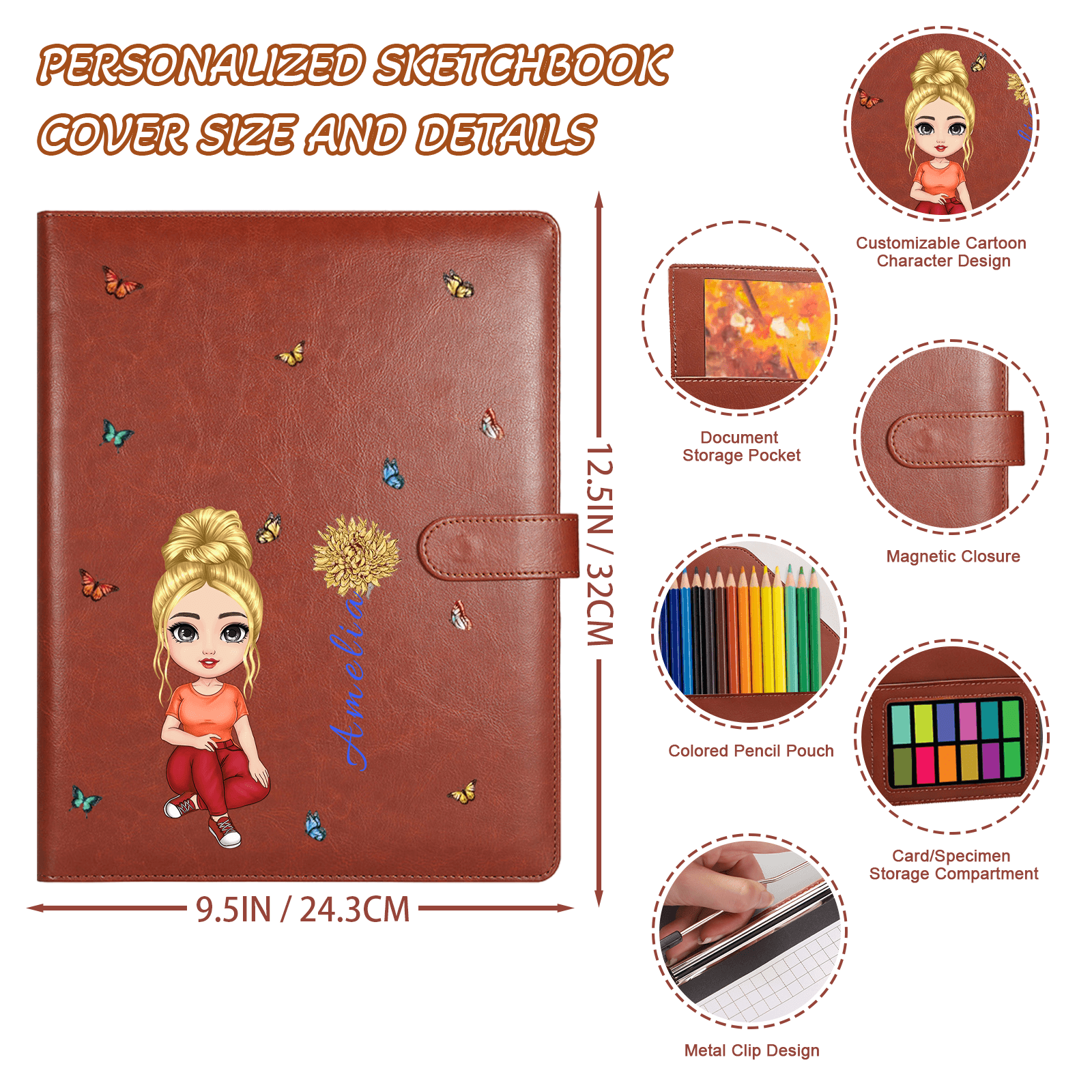 Personalized Sketchbook Cover with Name and Cartoon Character PU Leather Birth Flower Notebooks Cover with Storage Pocket Traveler's Sketchbook Gifts For Artists Teacher Student Daughter