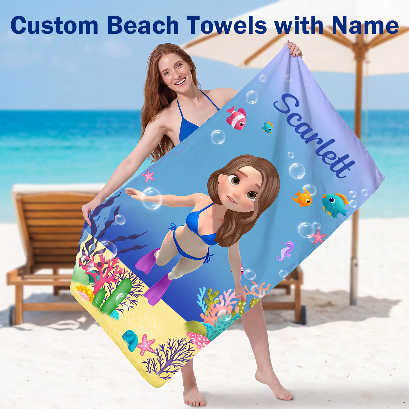 Personalized Kids Beach Towel Cute 3D Diver Kid Diving Boy Cartoon Print Towel Custom Name Quick Dry Microfiber Fabric for Summer Vacation Beach Party Birthday Gifts for Kids Boys Girls