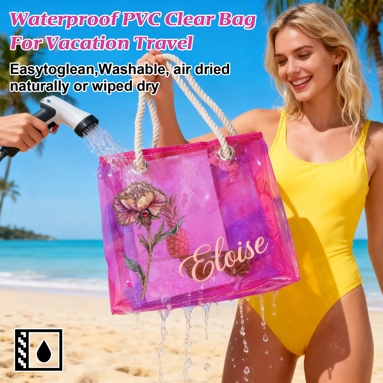 Personalized Clear Tote Bag for Women Custom Birth Flower and Name Iridescent Bachelorette Beach Bag for Work Stadium Travel Mother's Day Birthday Summer Vacation Gift for Family Friend