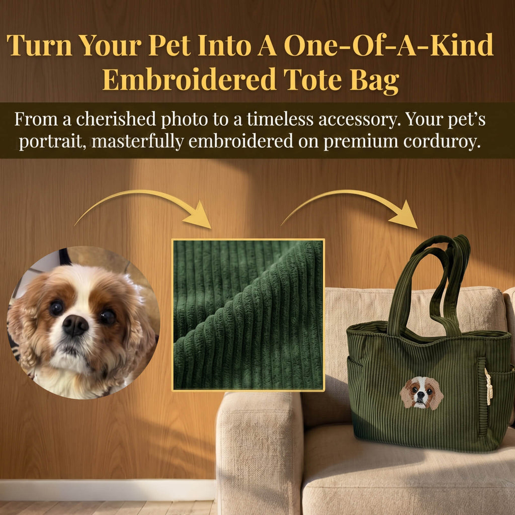 Personalized Embroidered Pet Face Tote Bag Custom Corduroy Tote Bag Cat Portrait Shoulder Bag Travel Accessories Pet Memorial Gift Gifts for Pet Owners Dog Mom Cat Mom Family Friends