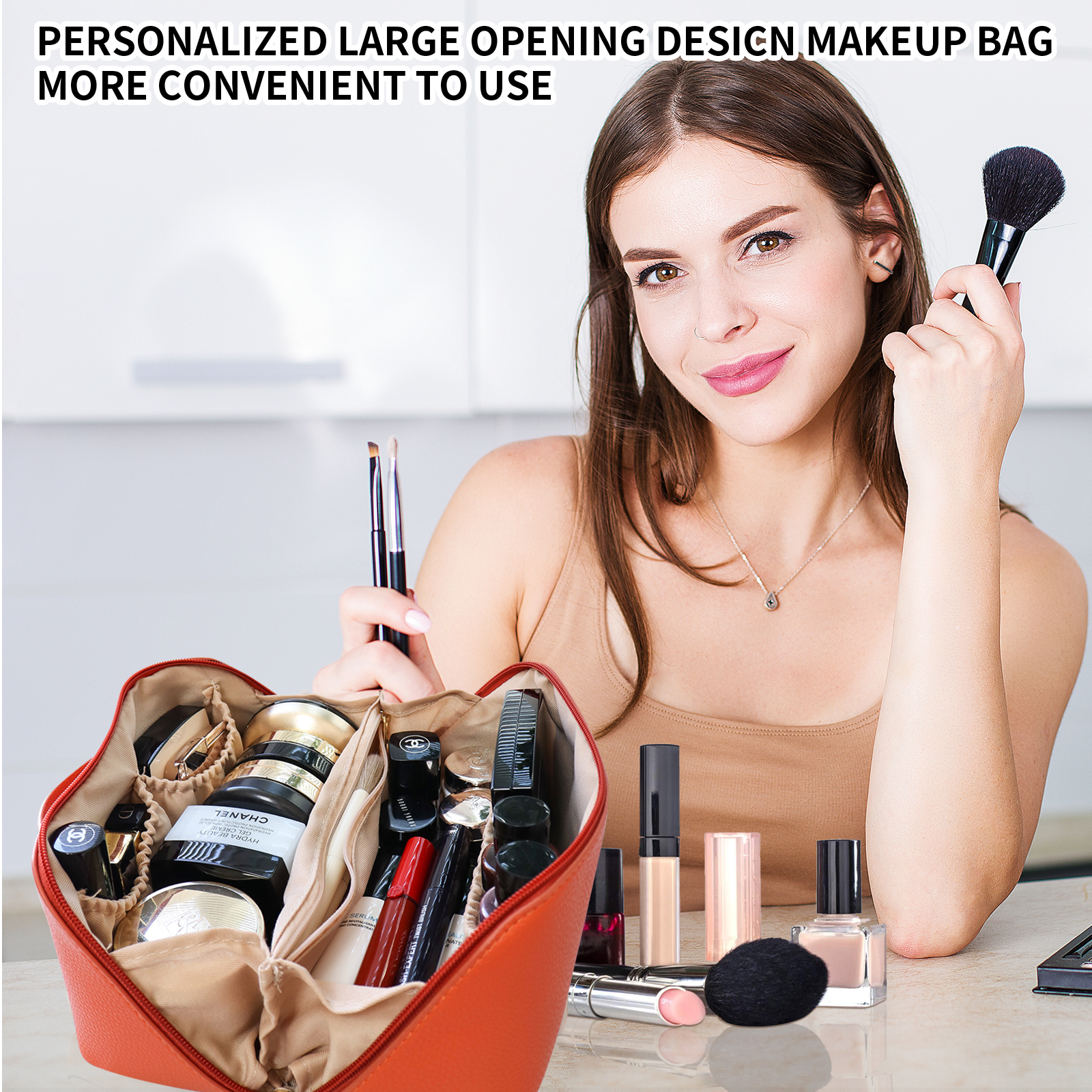 Personalized Large Capacity Cosmetic Bag Embroidered Makeup Bag with Name Portable Waterproof PU Leather Makeup Bag with Divider and Handle Travel Makeup Bag Gifts for Women Mom Bridesmaids (Embroidery)