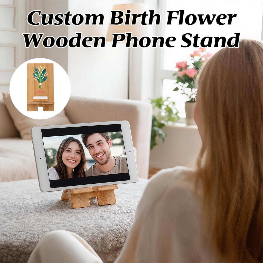 Personalized Wood Phone Stand for Women Custom Phone Holder with Name & Birth Flower Portable Tablet Stand for Home Office Travel Treadmill Compatible with All Cell Phones Birthday Gifts