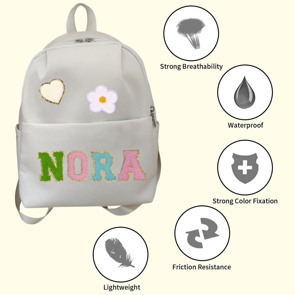 Personalized Backpack with Patches Custom Name Travel Bag Chenille Letter Patches Preppy Backpack Back to School Backpack Large Capacity Daycare Bag Birthday Gift Personalized Gift 10*5*13"