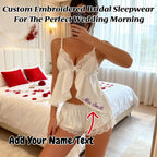 Personalized Women's Satin Lingerie Set PJs Cami Top And Shorts Set Custom Embroidery Name Soft Satin Lace Bridal Underwear Bridesmaid Gifts Bridal Shower Honeymoon Gifts for Bride to Be