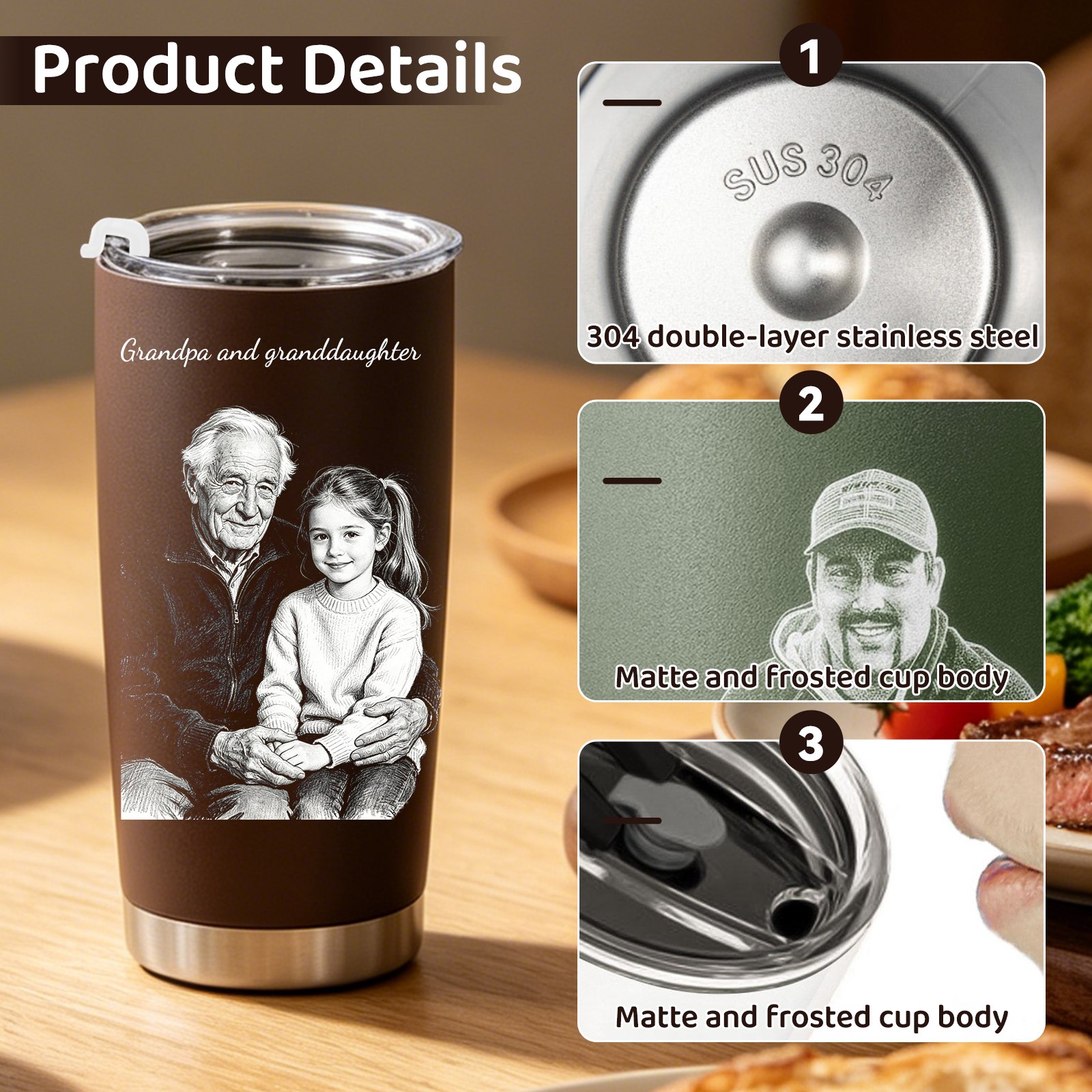 1 Personalized 20oz Tumbler with Engraved Picture & Text 20 Oz Stainless Steel Travel Tumbler Cup Mug Personalized Gifts for Father's Day Birthday Christmas Anniversary for Men Women Kids