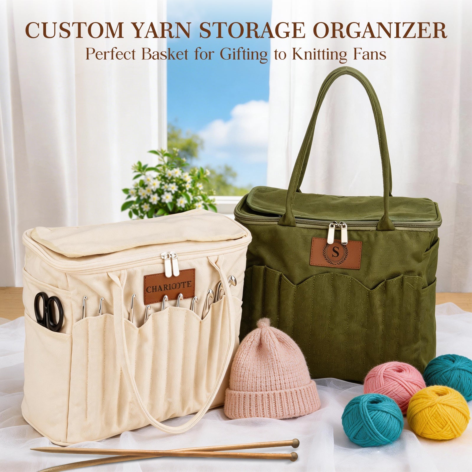 Personalized Name Crochet Bag Stylish Yarn Bag for Crochet and Knitting Projects Canvas Crochet Organizer with Multiple Pockets and Yarn Holes Knitting Bag for Crochet Lovers Mom Grandma