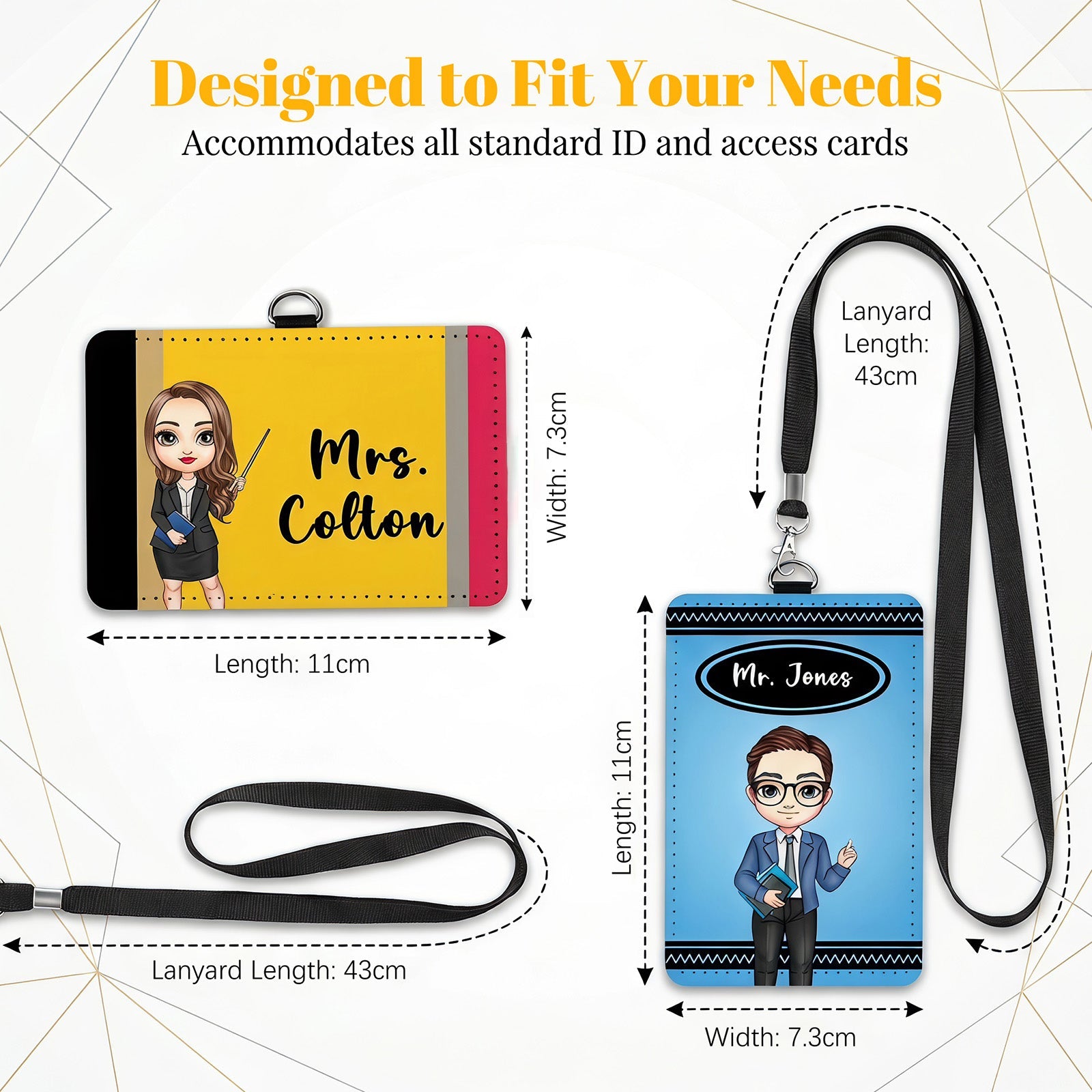 Personalized Teacher ID Badge Holder Custom Cartoon Character and Name PU Leather Card Holder with Breakaway Lanyard Teacher's Day Appreciation Back to School Gifts Teacher Must Haves