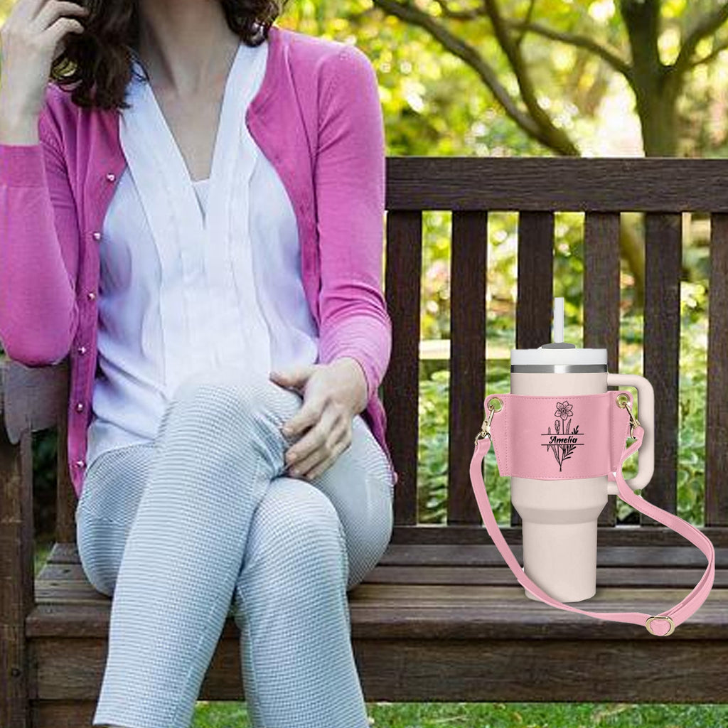 Personalized Water Bottle Holder with Strap, Custom PU Leather Water Bottle Holder