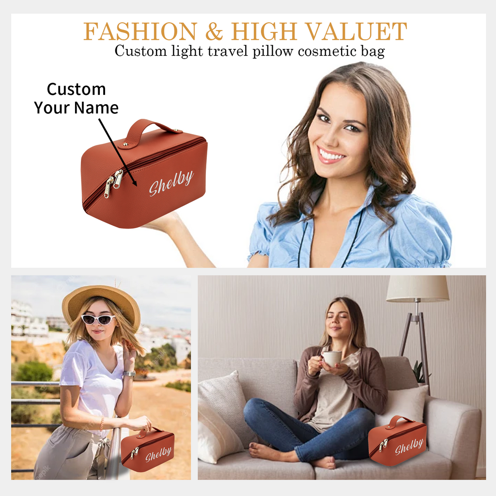Personalized Large Capacity Cosmetic Bag Embroidered Makeup Bag with Name Portable Waterproof PU Leather Makeup Bag with Divider and Handle Travel Makeup Bag Gifts for Women Mom Bridesmaids (Embroidery)