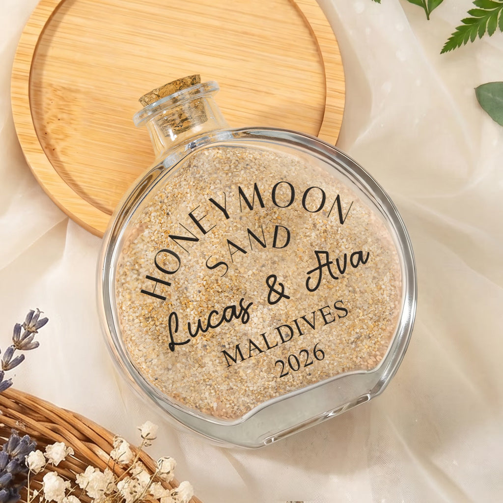 Personalized Glass Honeymoon Memory Keepsake Sand Jar with Name and Date Wedding Vacation Gift for Couples Bride Groom Newlyweds