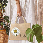 Personalized Birth Flower Beach Jute Tote Bag Trip Bag with Name