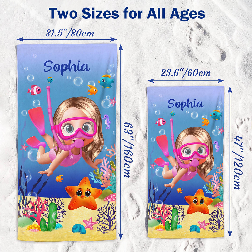 Personalized Kids Beach Towel Cute 3D Diver Kid Diving Boy Cartoon Print Towel Custom Name Quick Dry Microfiber Fabric for Summer Vacation Beach Party Birthday Gifts for Kids Boys Girls