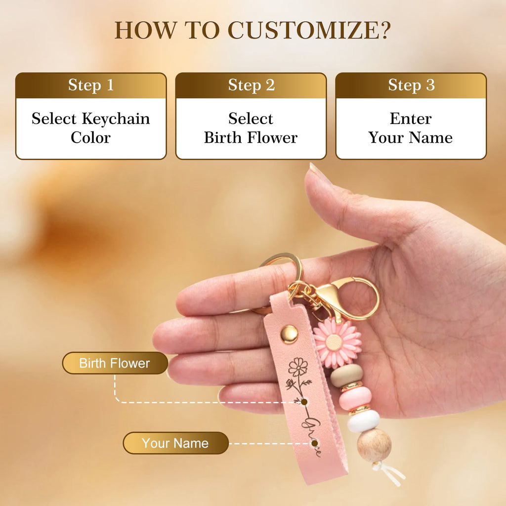 Personalized Birth Flower PU Leather Keychain Custom Name Keyring Daisy Beaded Keychain for Women Bridesmaid Gifts Birthday Anniversary Wedding Mother's Day Gifts Bag Charm Party Favor