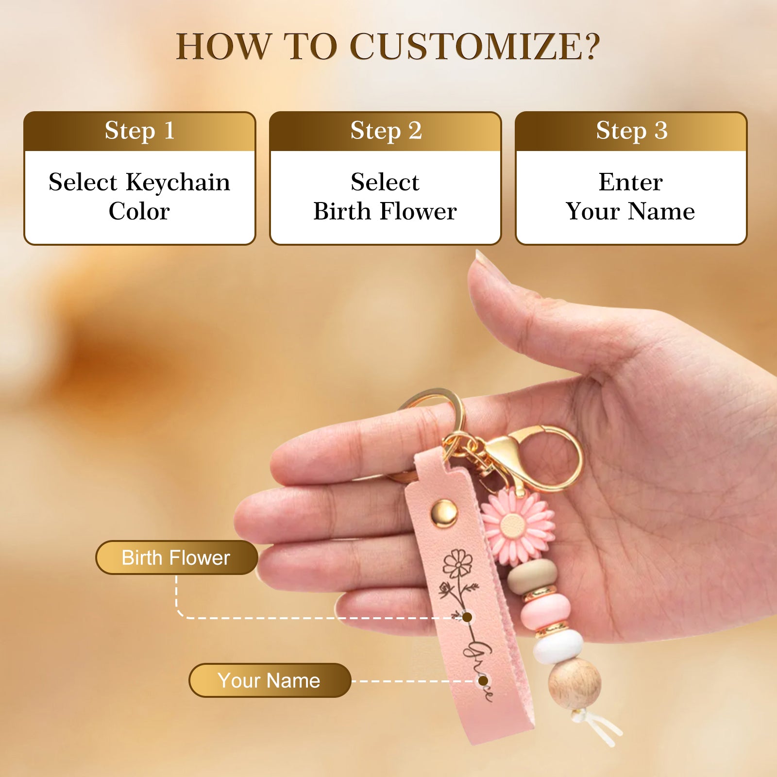 Personalized Birth Flower PU Leather Keychain Custom Name Keyring Daisy Beaded Keychain for Women Bridesmaid Gifts Birthday Anniversary Wedding Mother's Day Gifts Bag Charm Party Favor