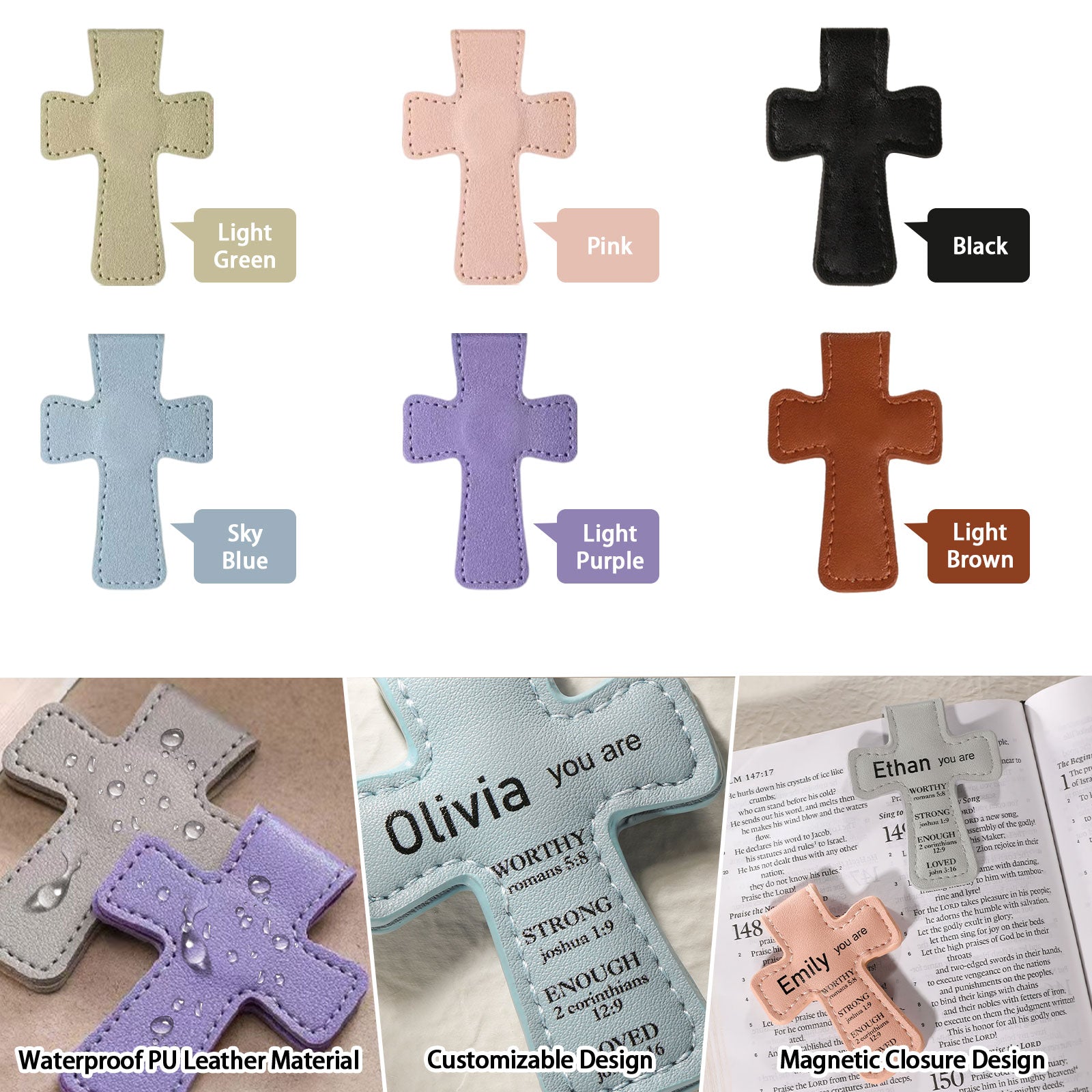Personalized Magnetic Christian Bookmarks Custom PU Leather Bookmark with Name & Bible Verses Catholic Cross Book Marks Religious Gifts for Women Students Teachers Father Book Lovers