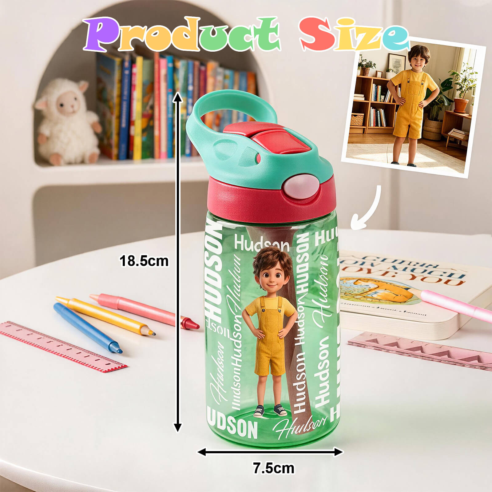 Personalized Kids Water Bottle Custom 3D Cartoon Character BPA Free 16oz Transparent Sports Water Bottle with Straw Handle and Name Birthday Back to Schoold Xmas Gifts for Boys Girls