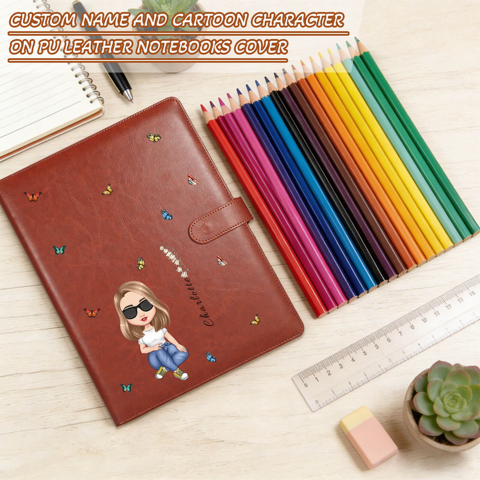 Personalized Sketchbook Cover with Name and Cartoon Character PU Leather Birth Flower Notebooks Cover with Storage Pocket Traveler's Sketchbook Gifts For Artists Teacher Student Daughter