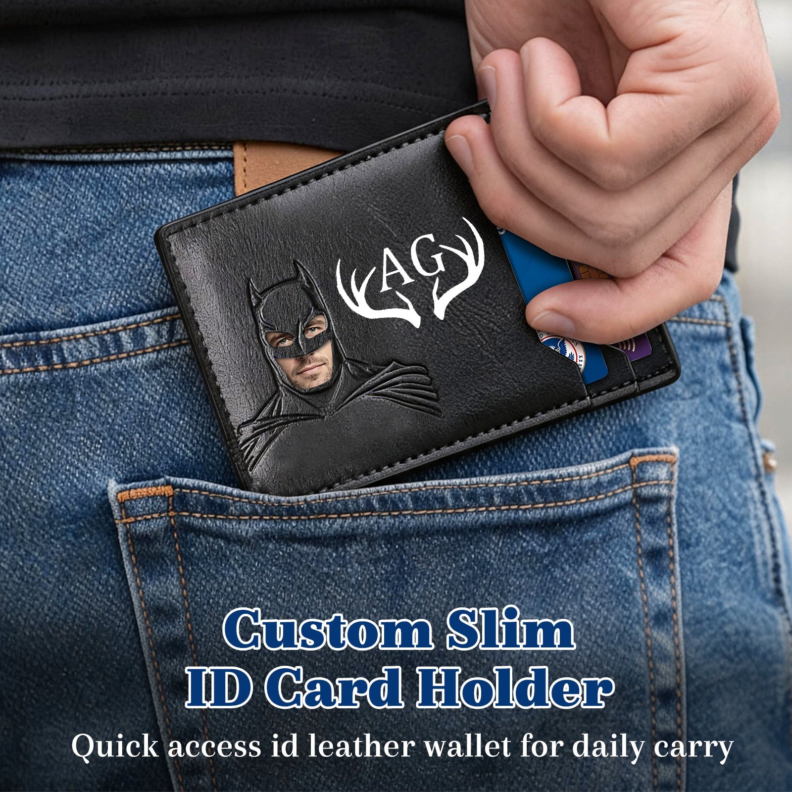 11 Personalized Bat Wallet with Name  Slim PU Leather ID Wallet Gifts for Men Husband  Boyfriend Dad  Face Eyes Cutout Card Holder with Multiple Card Slots Father's Day Birthday Anniversary