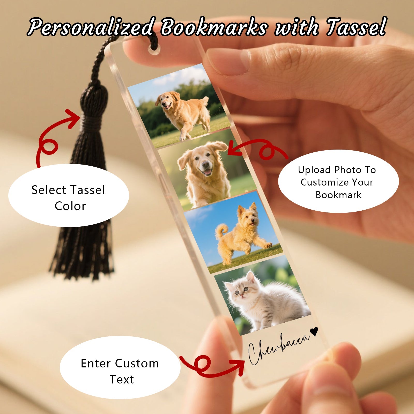 Personalized Bookmark with Photo and Text Custom Photo Acrylic Bookmark with Tassel Book Marks for Reading Gift for Women Men Readers Kids Book Lover Teacher Classmate Christmas Father's Day