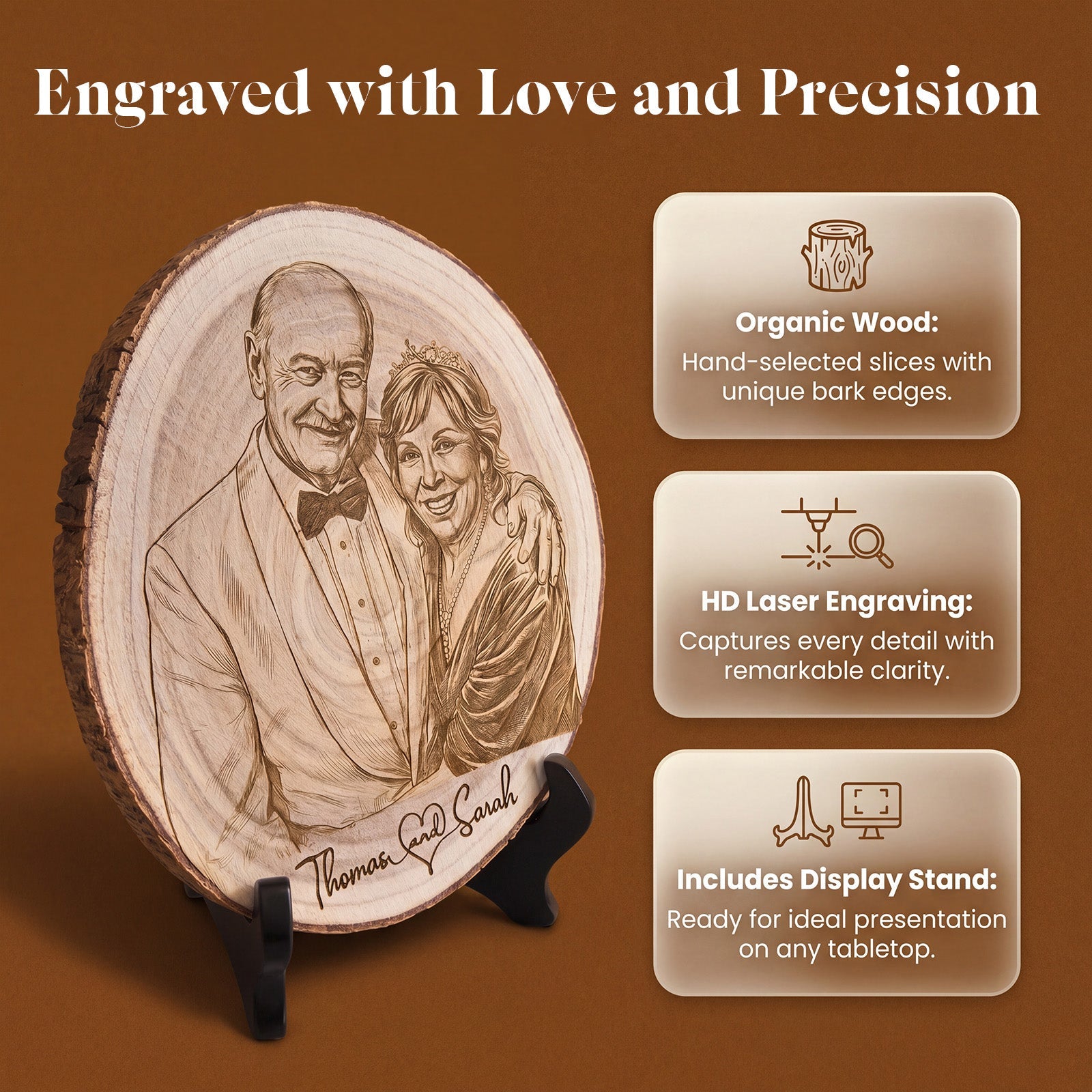 Personalized Couple Photo Wood Decor Custom Engraved Portrait on Wood Slice with Display Stand Newlywed Gifts Idea Rustic Wall Art 5th Anniversary Wedding Engagement Gift for Couple