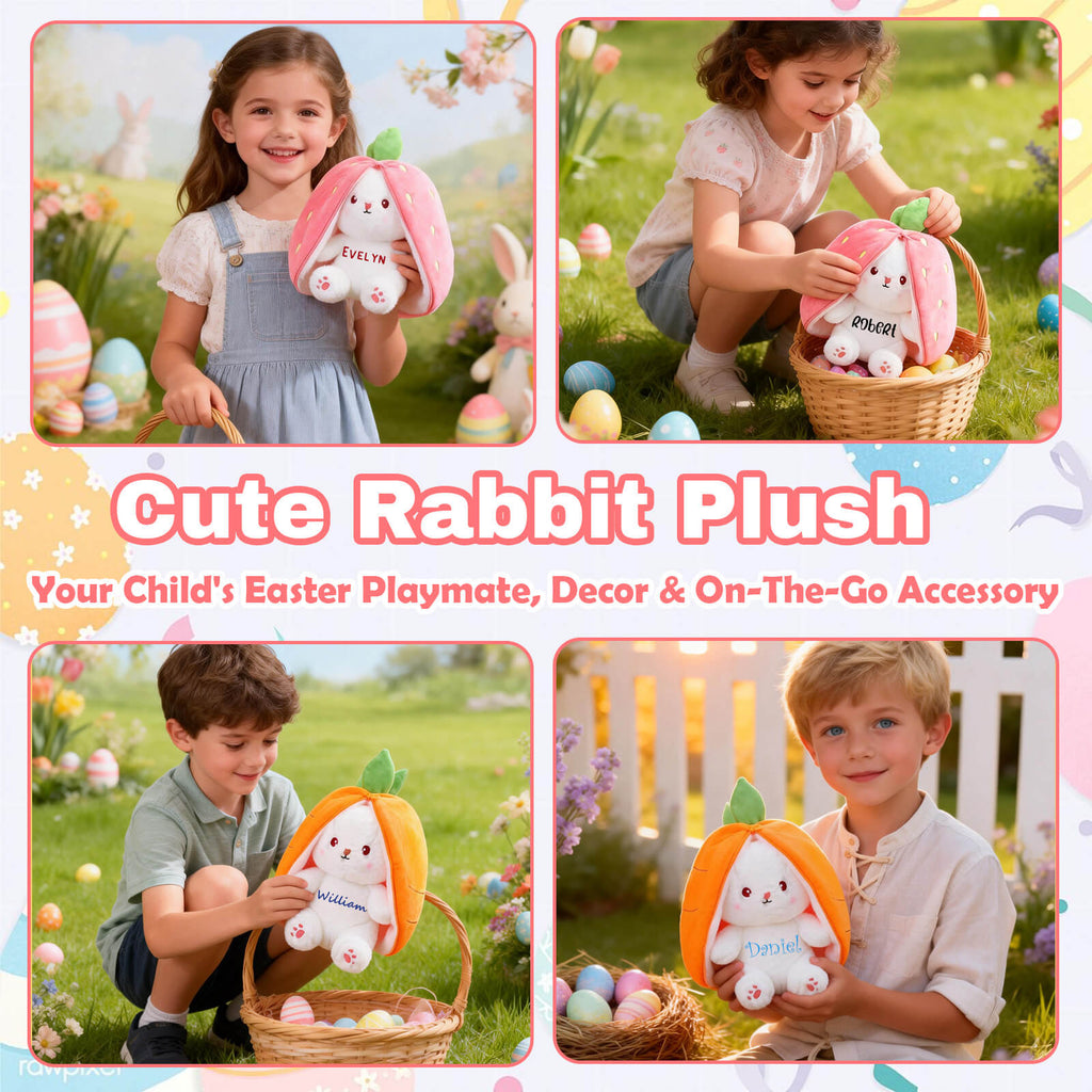 Personalized Easter Bunny Plush Rabbit Hiding in A Zip-Up Strawberry or Carrot Custom Name 100% Cotton Stuffed Plush Toy Easter Basket Stuffers Easter Fun Gifts for Kids Girls Boys