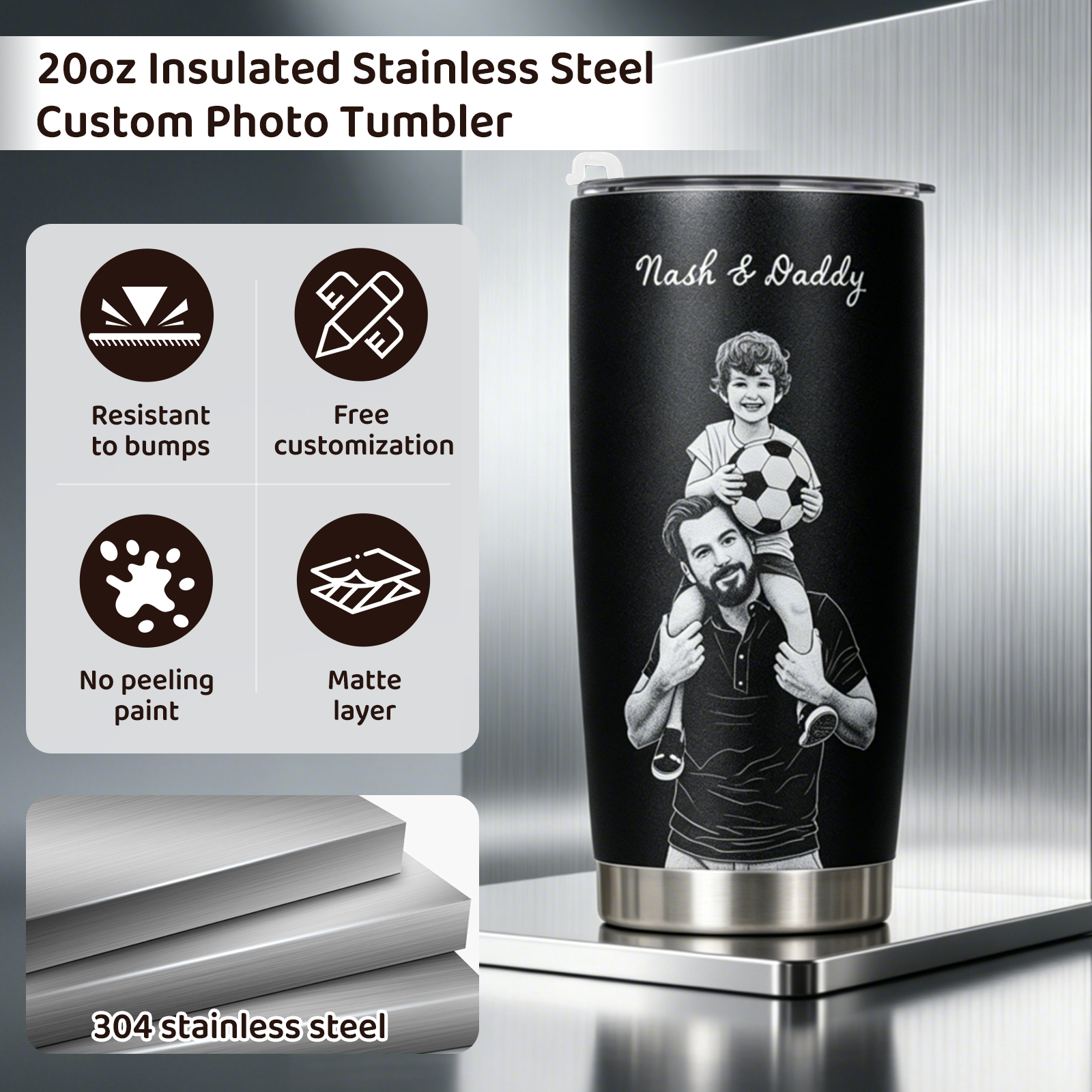 1 Personalized 20oz Tumbler with Engraved Picture & Text 20 Oz Stainless Steel Travel Tumbler Cup Mug Personalized Gifts for Father's Day Birthday Christmas Anniversary for Men Women Kids