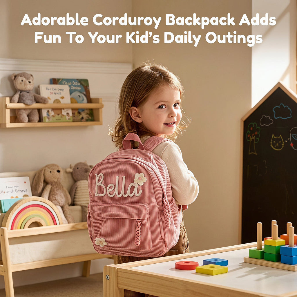 Personalized Name Toddler Backpack Custom Embroidered Kids Backpack Corduroy Small Mini School Bag for Preschool Kindergarten Birthday Back to School GiftS for Girls Boys 4-15 Years