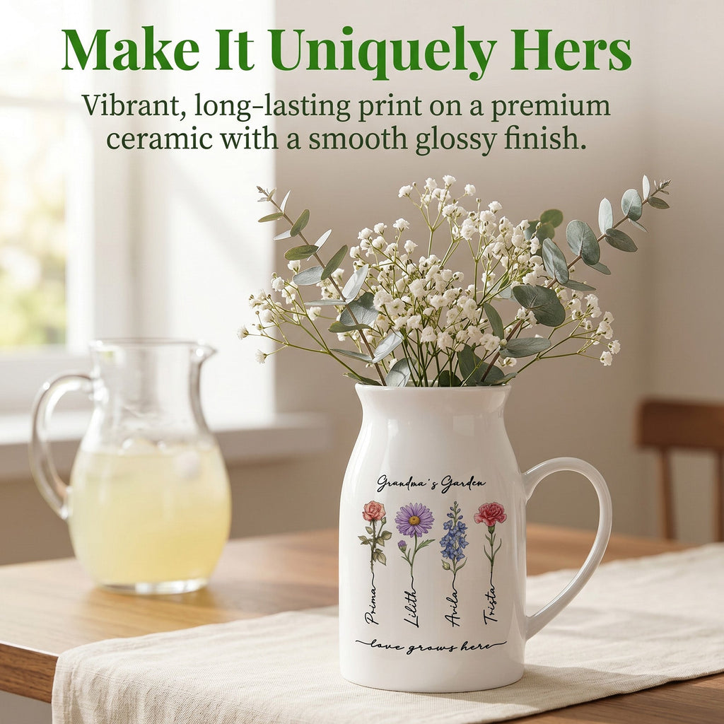 Personalized Grandma's Garden Vase Custom Birth Flower and Name Ceramic Family Vase Housewarming New Home Decor Gifts for Grandma Nana Nanny Mom Birthday Xmas Gifts