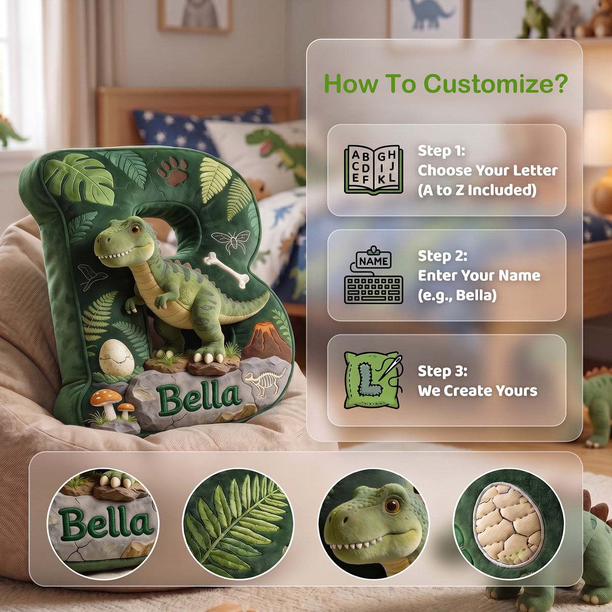 Personalized Dinosaur Letter Plush Pillow | Unique Birthday & Xmas Gift for Dinosaur‑Loving Kids