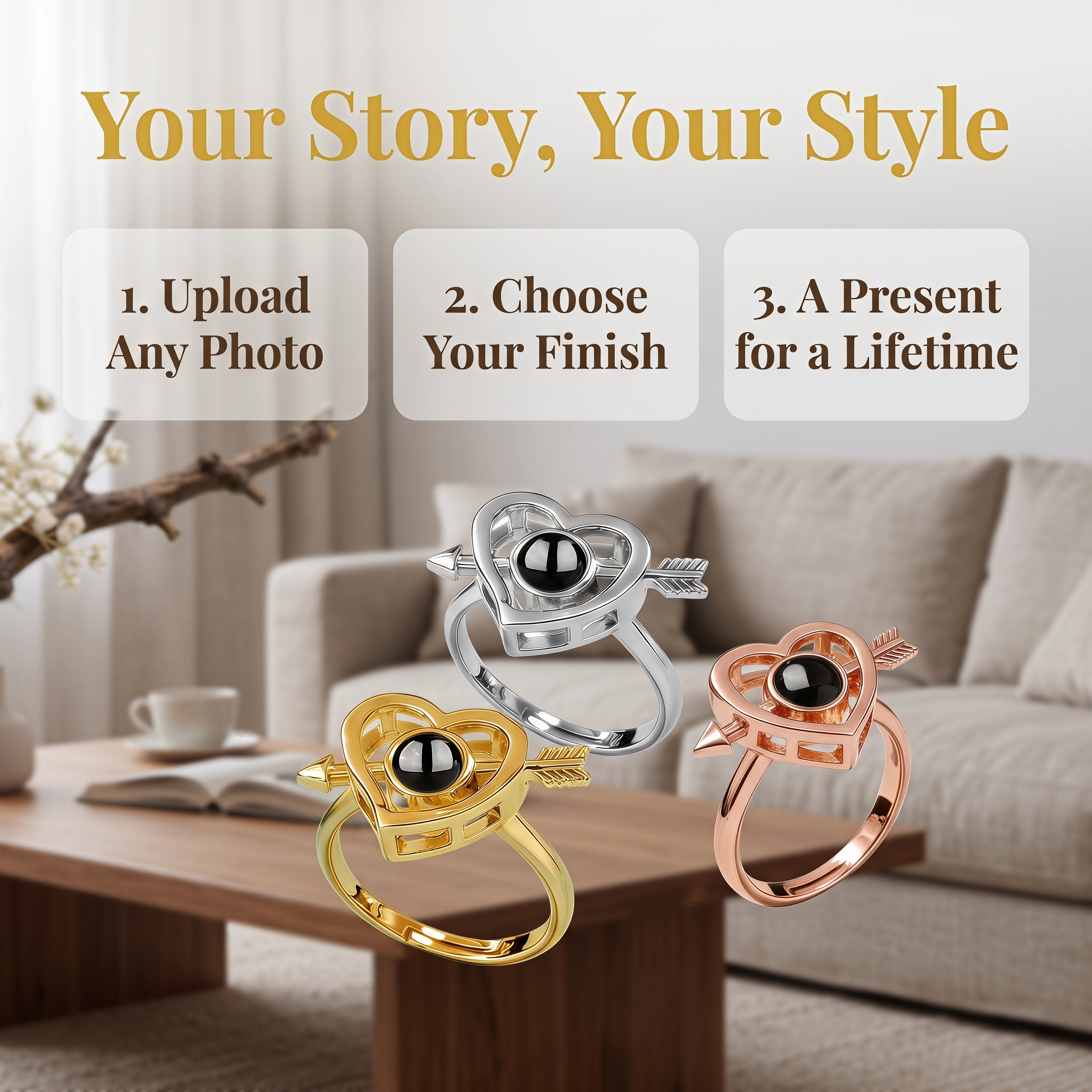 Custom Photo Projection Ring Personalised Ring Picture Inside Heart Shape Men's and Women's Rings