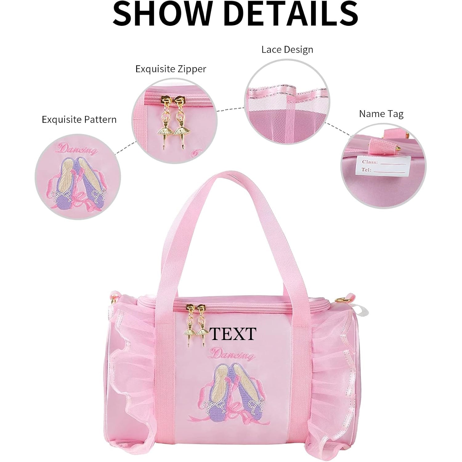 Personalized Kids Dance Ballet Bag Large Capacity Fashion Tote Bag Custom Dance Bag Waterproof Kids Travel Bag Pink Lace Bag for Girls Yoga Bag Dance Duffle Bag