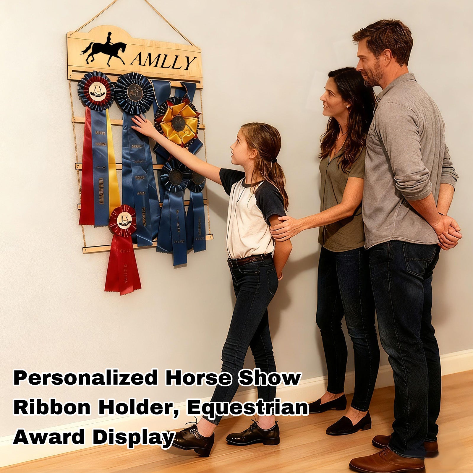Personalized Equestrian Medal Hanger Display with Name Wooden Medal Holder for Wall Mount Ribbon Display Medals Badge Holder for Horse Show Gymnastics Soccer Running Race Medals Awards Rack