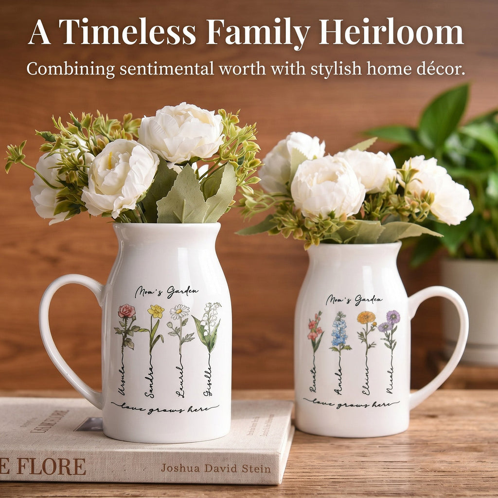 Personalized Grandma's Garden Vase Custom Birth Flower and Name Ceramic Family Vase Housewarming New Home Decor Gifts for Grandma Nana Nanny Mom Birthday Xmas Gifts