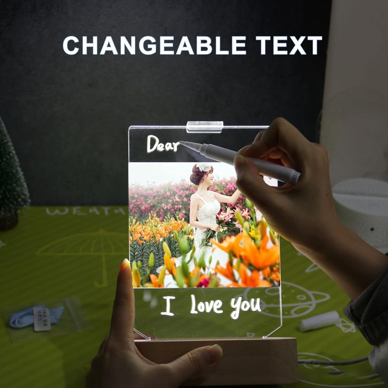 Personalized Photo Lamp 3D LED Light with Pen Writing Your Words Custom Light Up Sign Acrylic Plaque Wooden Base Night Light Table Lamp for Mom Dad Boys Girls Birthday Anniversary Wedding Gift