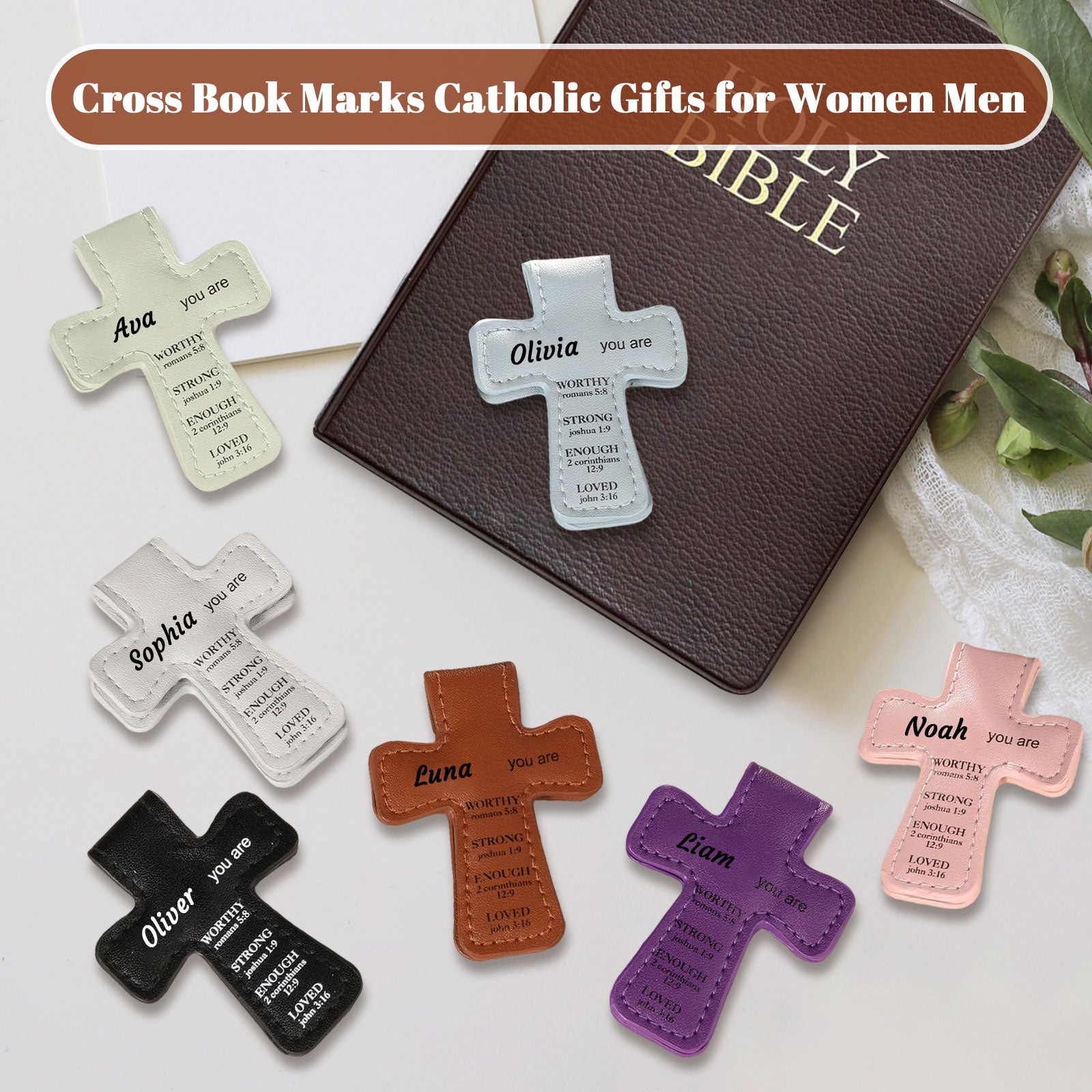 Personalized Magnetic Christian Bookmarks Custom PU Leather Bookmark with Name & Bible Verses Catholic Cross Book Marks Religious Gifts for Women Students Teachers Father Book Lovers