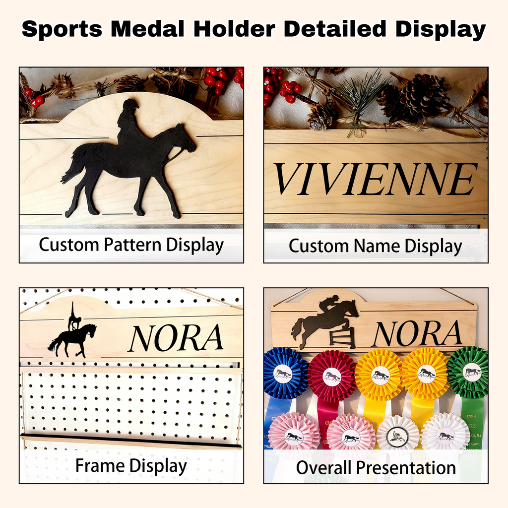 Personalized Equestrian Medal Hanger Display with Name Wooden Medal Holder for Wall Mount Ribbon Display Medals Badge Holder for Horse Show Gymnastics Soccer Running Race Medals Awards Rack