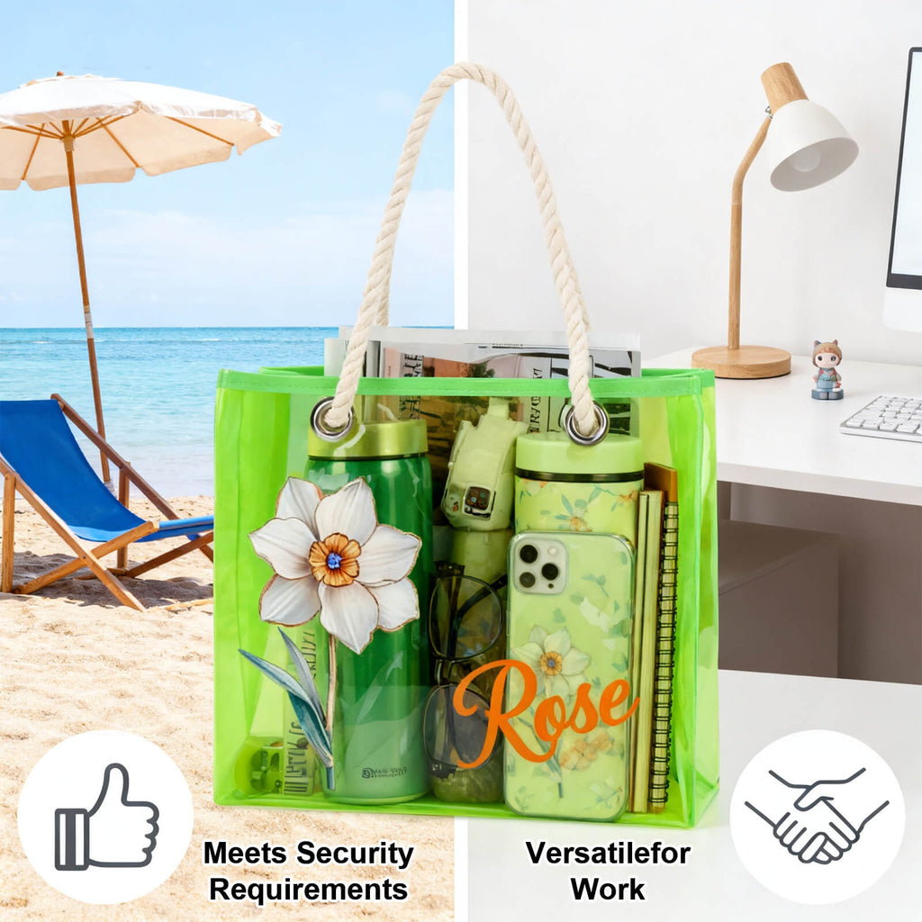 Personalized Clear Tote Bag for Women Custom Birth Flower and Name Iridescent Bachelorette Beach Bag for Work Stadium Travel Mother's Day Birthday Summer Vacation Gift for Family Friend
