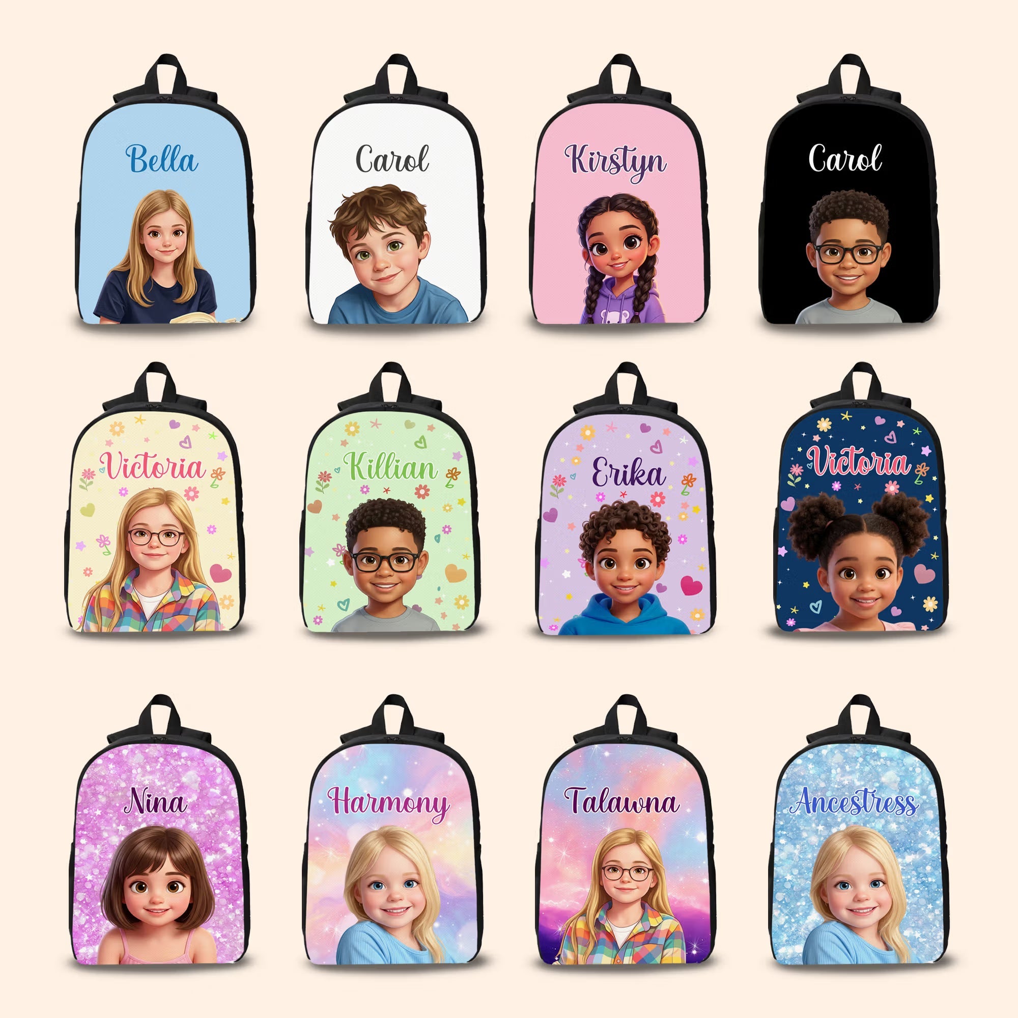 Personalized Colorful Fashion Cartoon CharacterBackpack Lunch Bag Pencil Case with Name Back toSchool Set of 3 Birthday Gift for Kid