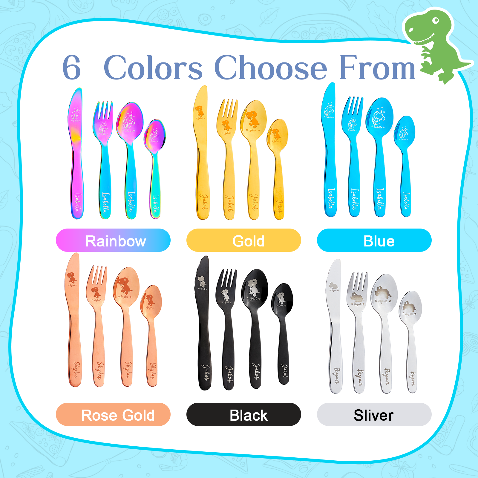 Personalized 6 Colors Unicorn Dinosaur Children's Stainless Steel  Cutlery Set