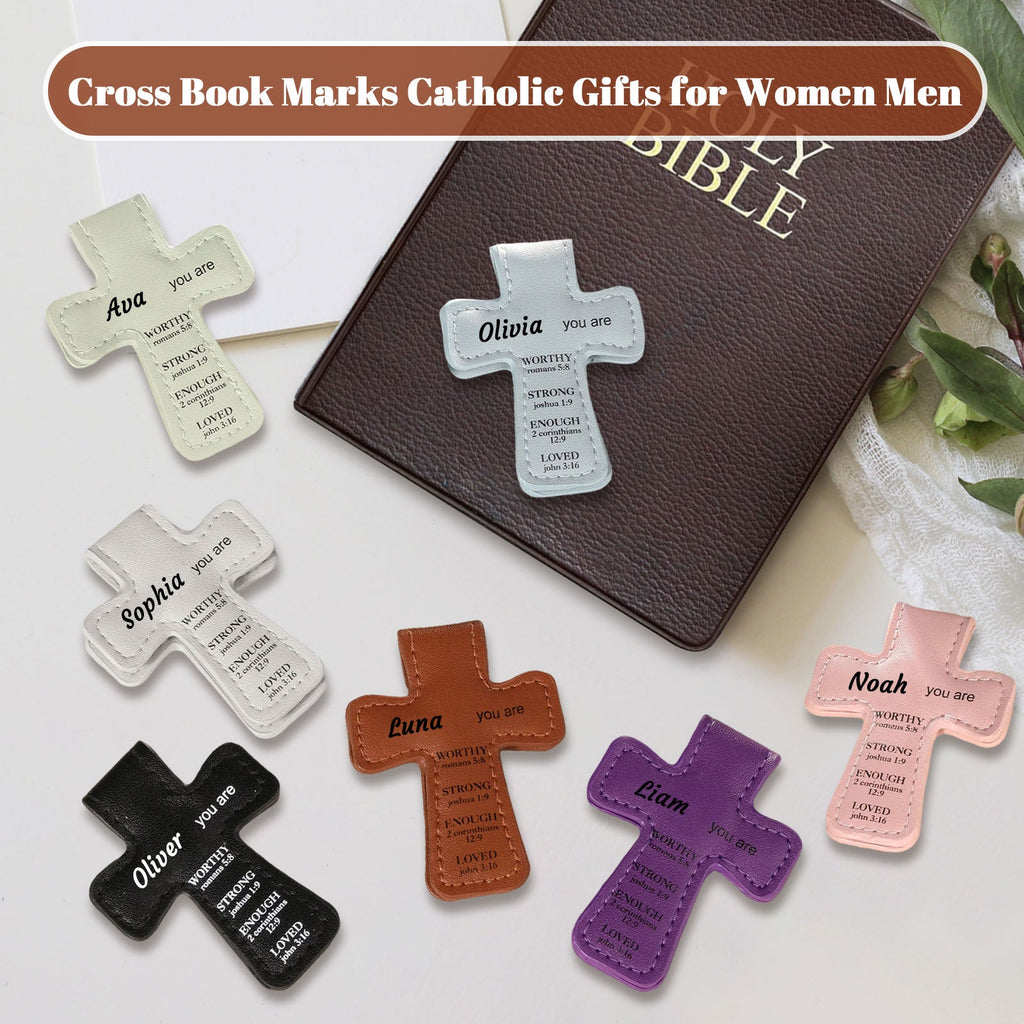 Personalized Magnetic Christian Bookmarks Custom PU Leather Bookmark with Name & Bible Verses Catholic Cross Book Marks Religious Gifts for Women Students Teachers Father Book Lovers