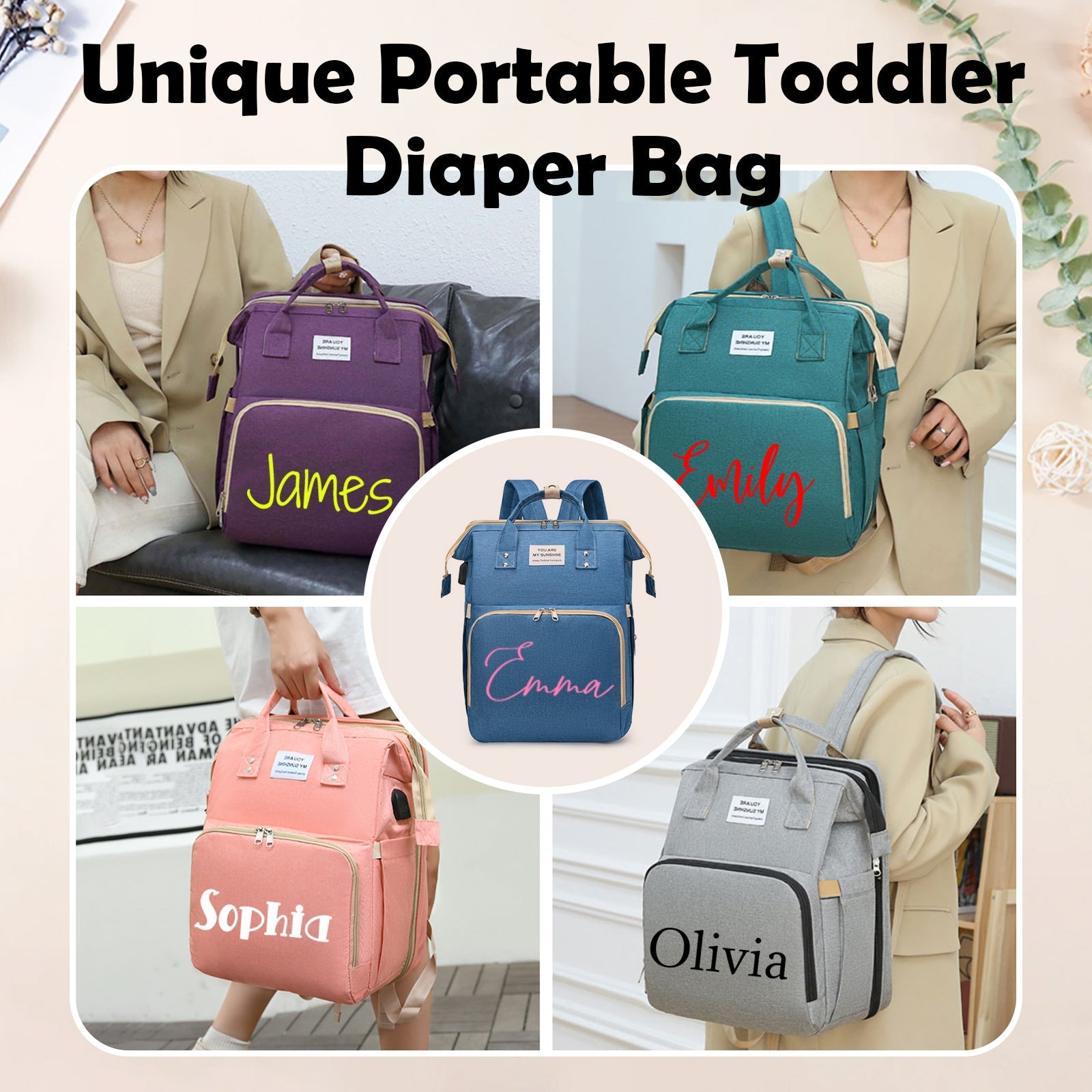 Personalized 3 in 1 Diaper Bag Backpack with Changing Station  Multifunctional Large Baby Diaper Bags for Boys & Girls Portable Custom Lightweight Changing Bag Newborn Baby Essential Gifts