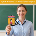 Personalized Teacher ID Badge Holder Custom Cartoon Character and Name PU Leather Card Holder with Breakaway Lanyard Teacher's Day Appreciation Back to School Gifts Teacher Must Haves