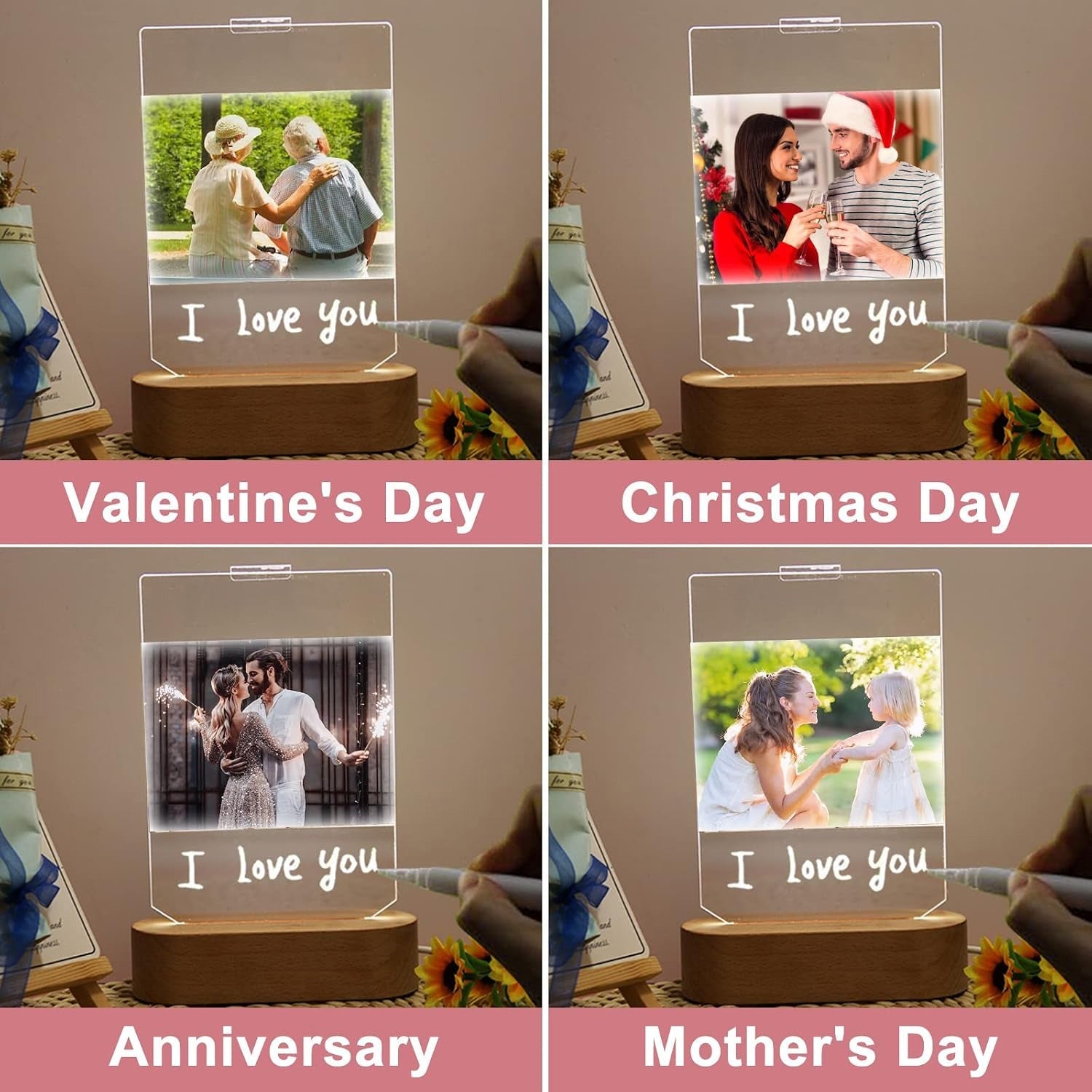 Personalized Photo Lamp 3D LED Light with Pen Writing Your Words Custom Light Up Sign Acrylic Plaque Wooden Base Night Light Table Lamp for Mom Dad Boys Girls Birthday Anniversary Wedding Gift