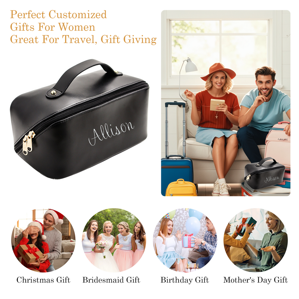 Personalized Large Capacity Cosmetic Bag Embroidered Makeup Bag with Name Portable Waterproof PU Leather Makeup Bag with Divider and Handle Travel Makeup Bag Gifts for Women Mom Bridesmaids (Embroidery)